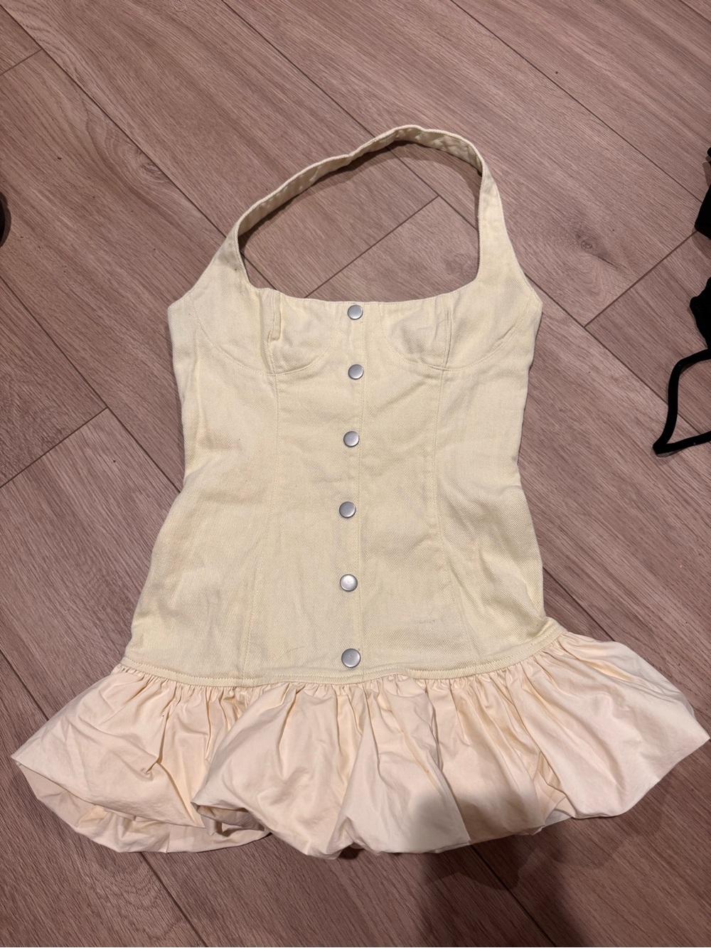 Peppermayo Pale Yellow Button-Front Mini Dress with Ruffle Hem